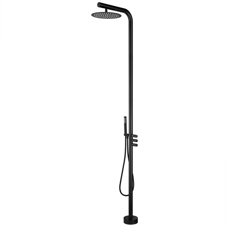 Full view of black modern outdoor shower system