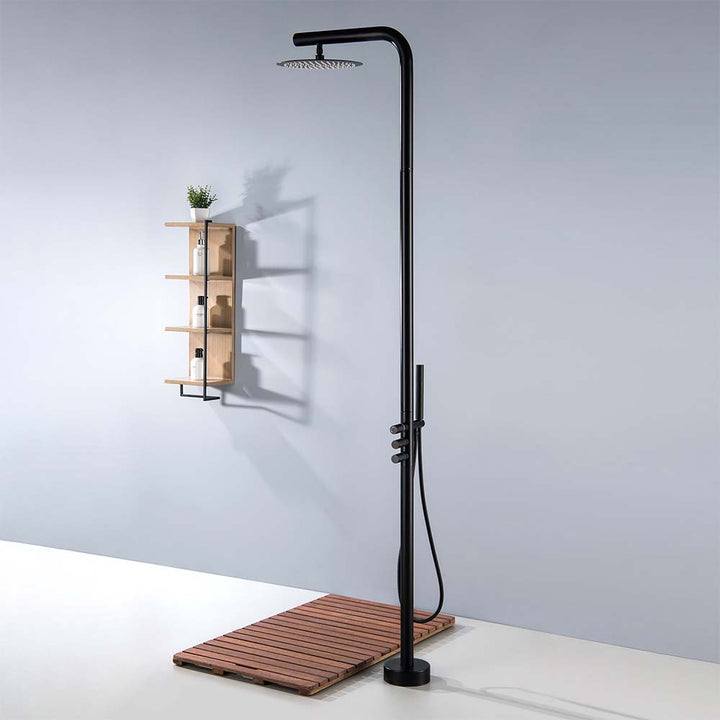 Black outdoor shower system in modern indoor scene