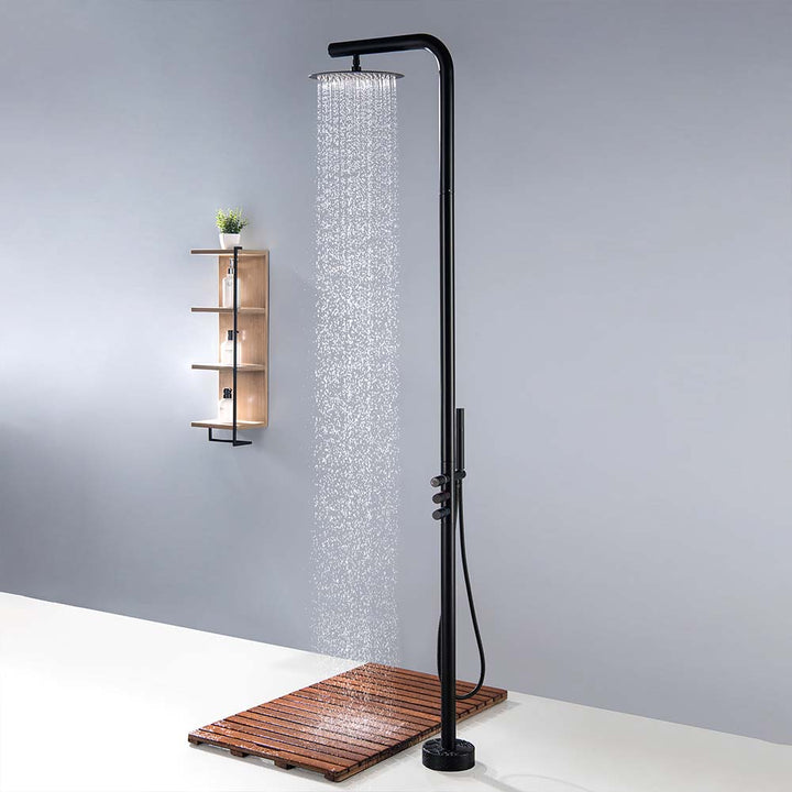 Rainfall effect from black outdoor shower system in scene