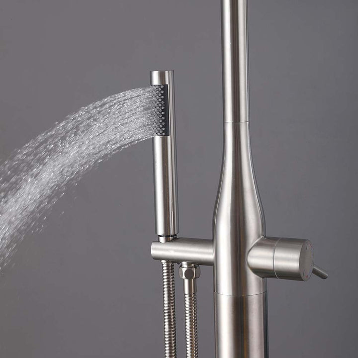 Hand shower spray effect on modern outdoor shower system