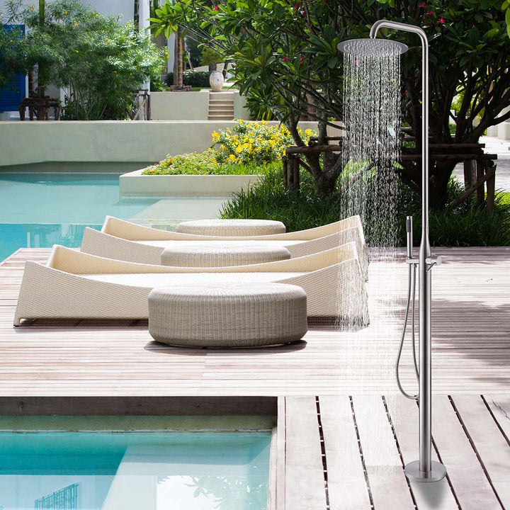 Rainfall shower effect by poolside outdoor shower system