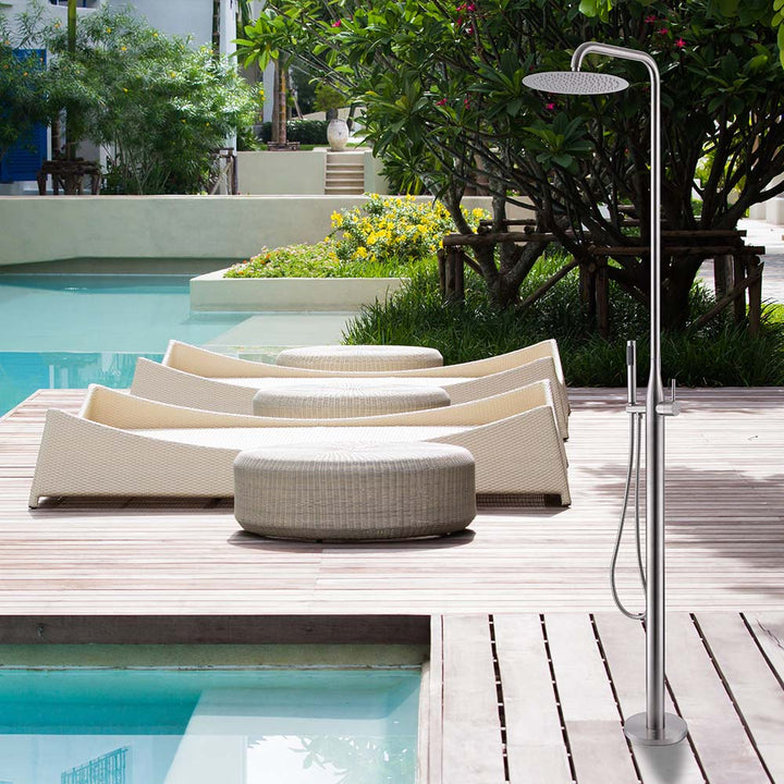 Outdoor shower system installed by a modern poolside