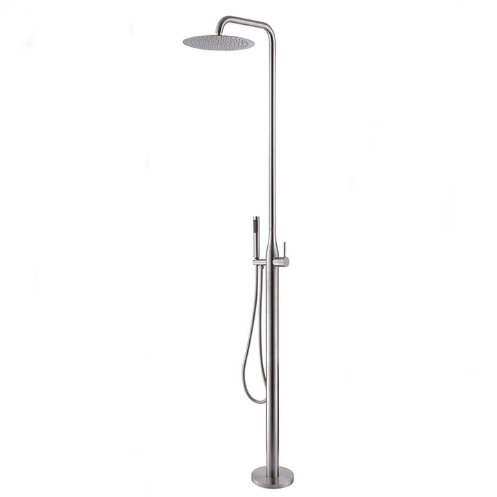 Full view of modern stainless steel outdoor shower system