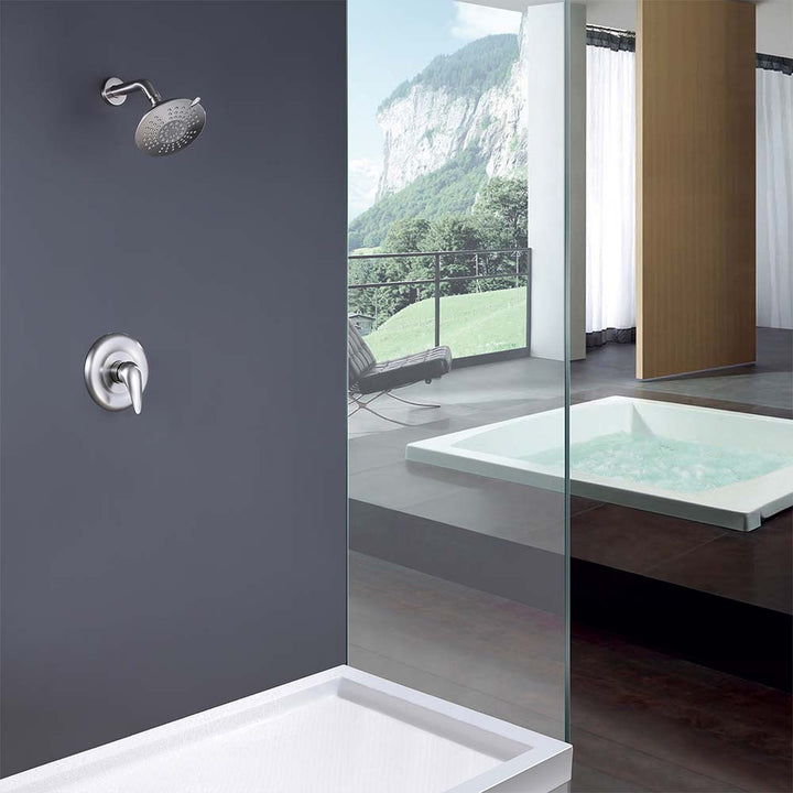 Modern shower system in brushed nickel with wall mounted rain showerhead