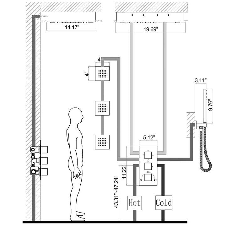 Modern shower system installation diagram with hot and cold water lines