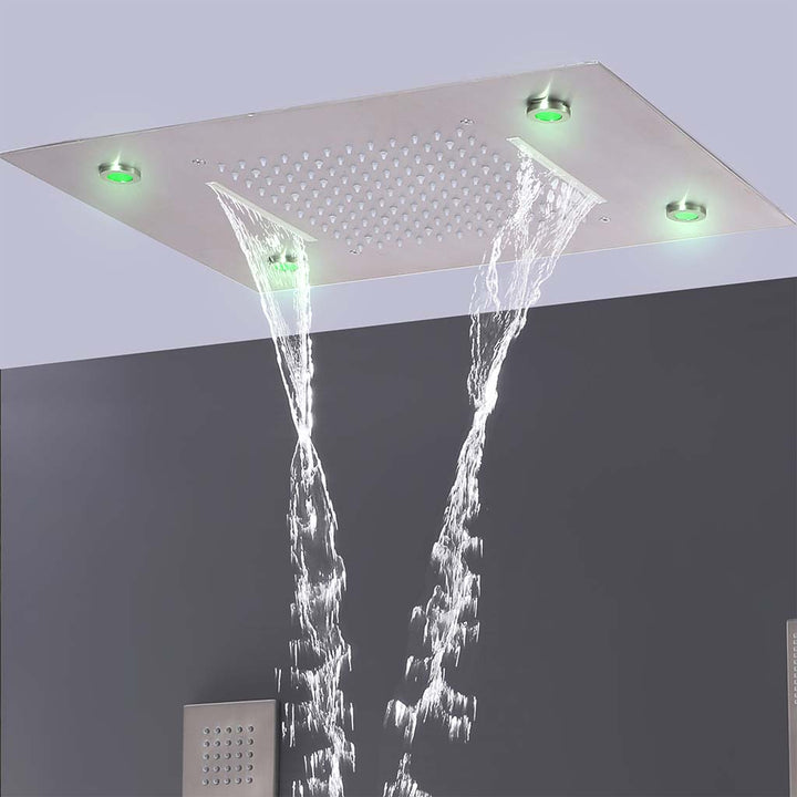 Modern shower system with rainfall LED lights and handheld sprayer