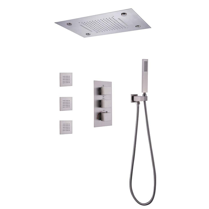 Modern shower system with rainfall head and handheld sprayer