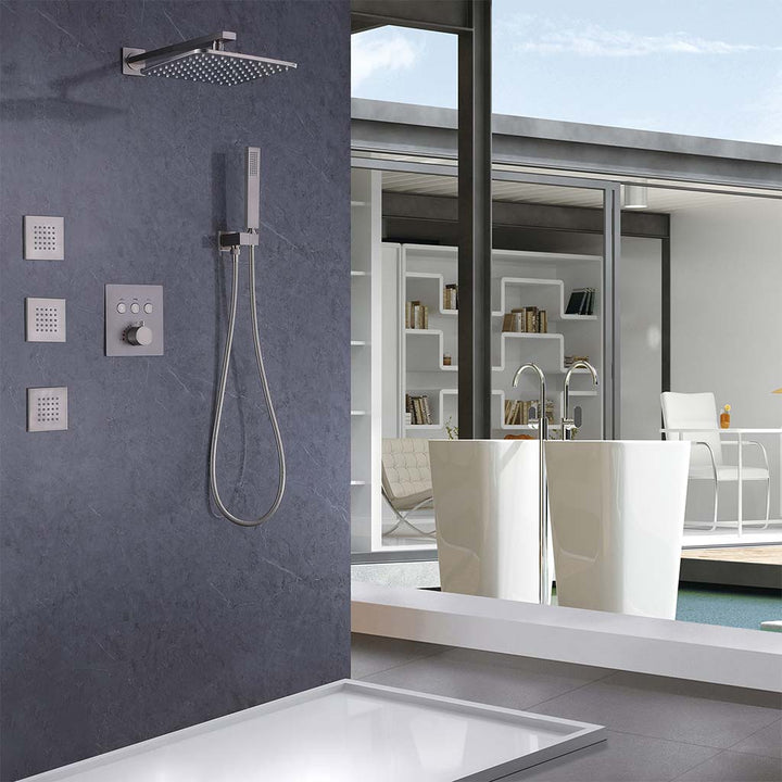 Modern wall mounted shower system with rain head and handheld sprayer