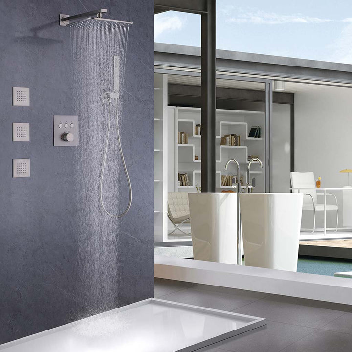 Modern wall mounted shower system with rainfall waterflow