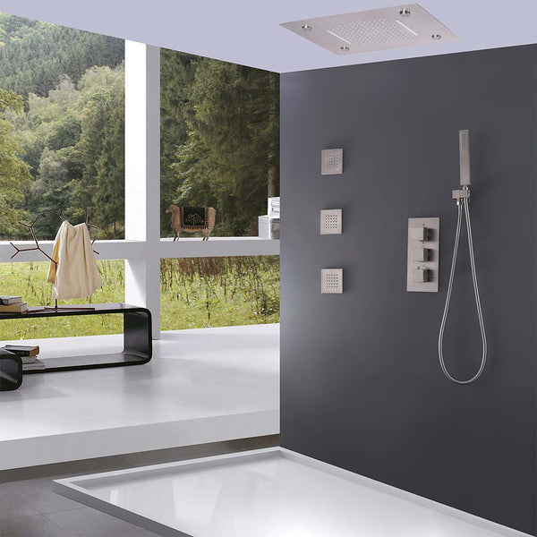 Modern shower system with rainfall showerhead and handheld sprayer