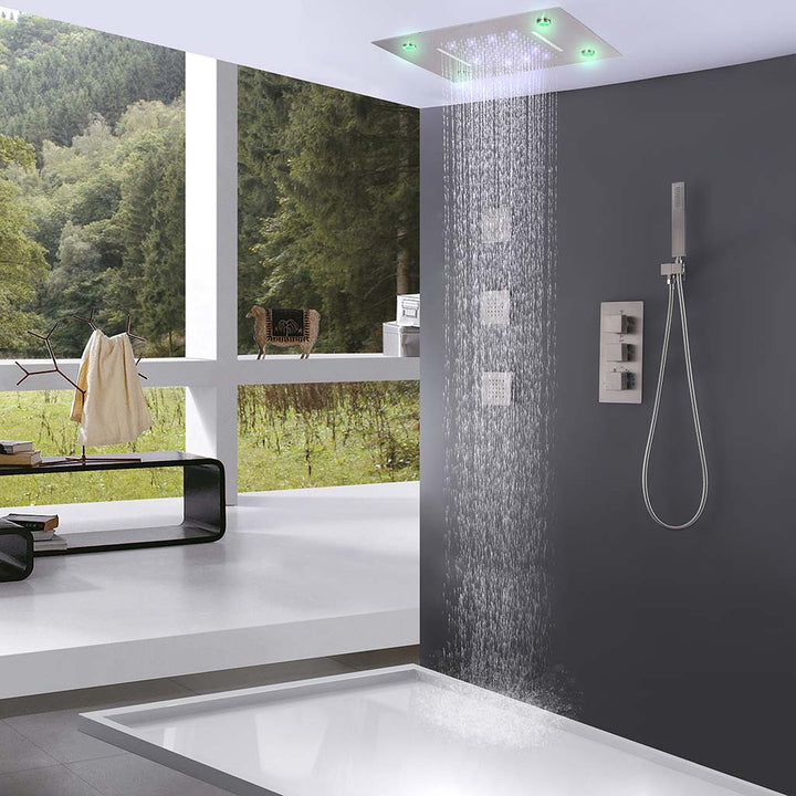Modern shower system with rainfall head and handheld sprayer
