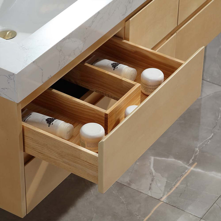 Modern vanity drawer storage with wooden compartments for organization