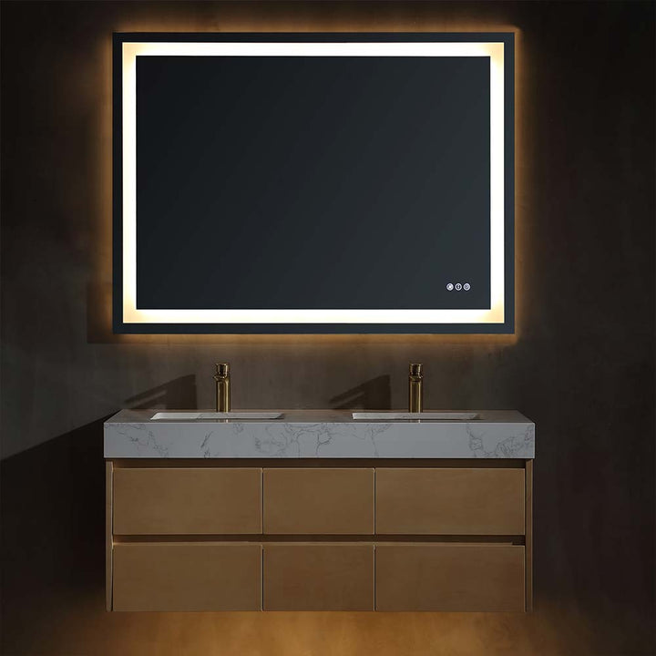 Modern vanity with marble countertop and illuminated LED mirror