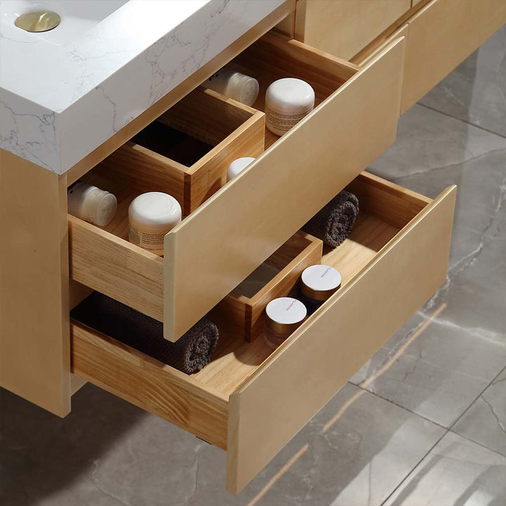 Modern vanity storage with wooden dividers and organizers for toiletries