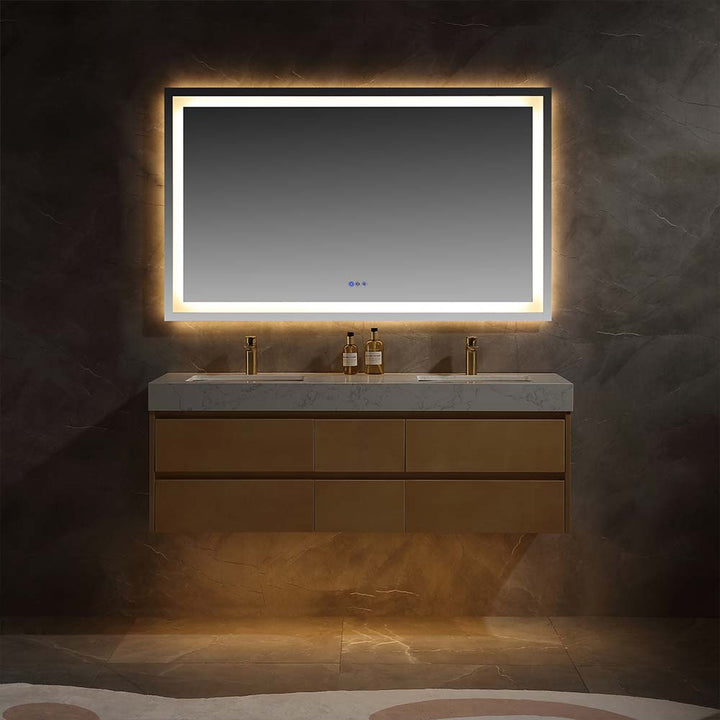 Modern bathroom vanity with backlit mirror and double sinks