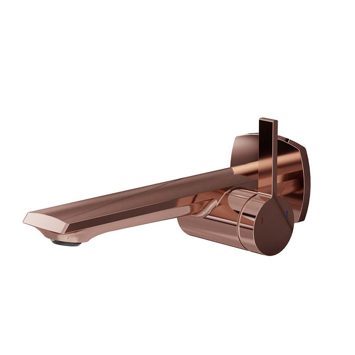 Rose gold wall mount faucet with single handle for modern bathrooms.