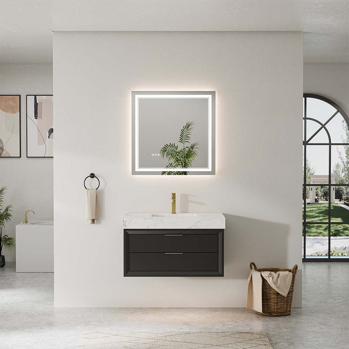 Wall-mounted bathroom vanity with LED mirror and marble top