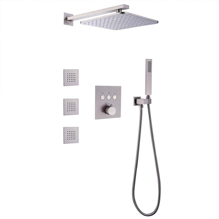 Modern wall mounted shower system with handheld and rainfall shower head