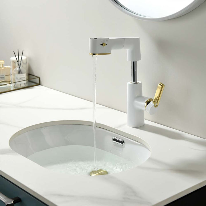 Smart white and gold bathroom faucet with flowing water in a modern bathroom setting