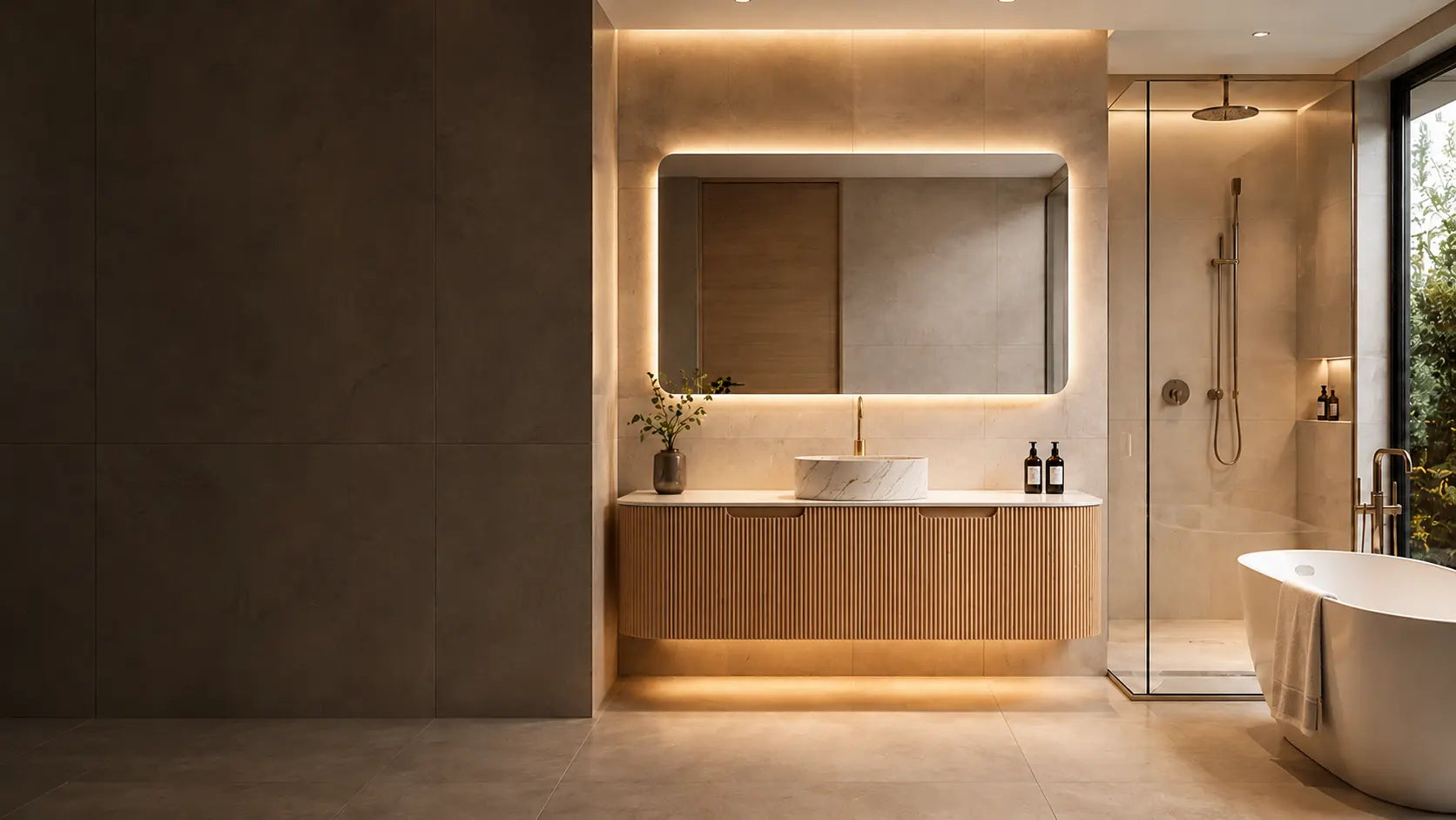Vanidad de baño moderna y espacio de ducha