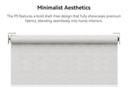Front view of a white MODLAND P5 roller shade with exposed fabric and a slim bottom rail.
