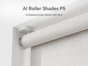 Close-up of the MODLAND P5 motorized roller shade with a white fabric-wrapped roller.