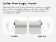 MODLAND P5 motorized roller shade diagram comparing left-side and right-side power-cord exits.