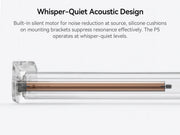 Cutaway of the MODLAND P5 roller shade showing the motor and noise-damping mounting components.