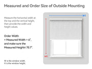 Outside-mount measurement diagram for MODLAND P5 roller shades, marking shade width and window height.