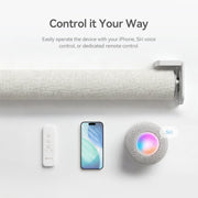 MODLAND P5 motorized roller shade shown with a handheld remote, smartphone and Siri voice-control symbol.