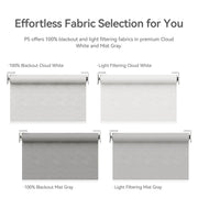 MODLAND P5 roller shade fabrics in Cloud White and Mist Gray, with blackout and light-filtering options.