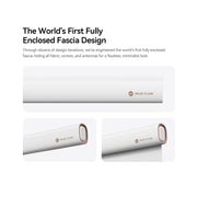 RezeFlow P7 roller shade cassette shown from the front and at two angles, with the roller enclosed.