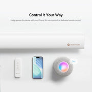 RezeFlow P7 roller shade shown with a handheld remote, smartphone and smart speaker for control.