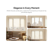 Three views of P7 roller shades fully lowered, partly raised and open on a living room window.