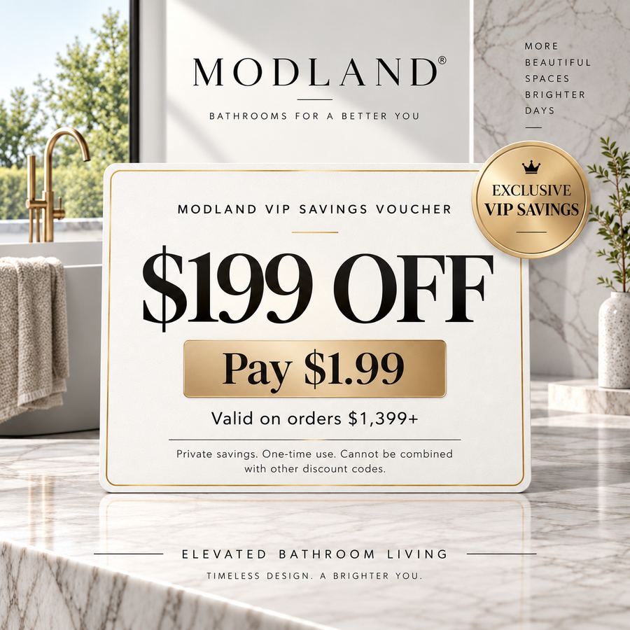 Gold-accented MODLAND VIP Savings Voucher in an elegant bathroom, offering $199 off qualifying orders of $1,399 or more for $1.99.