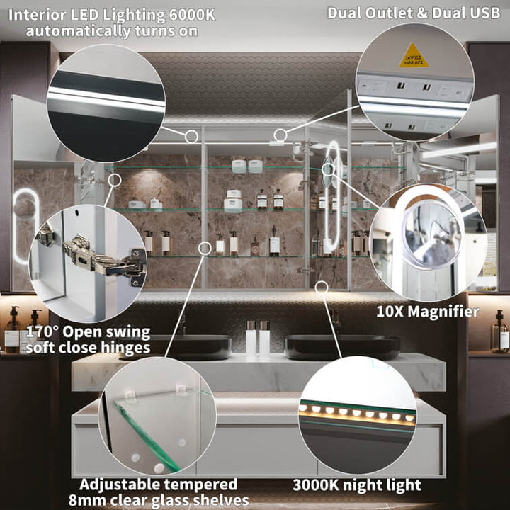 Feature-rich bathroom mirror cabinet with dual outlets, USB ports, LED lighting, adjustable hinges, and 10x magnifier