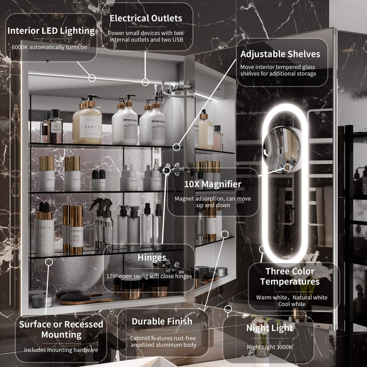 LED mirror cabinet with lighting, outlets, adjustable shelves, magnifier, and variable color temps