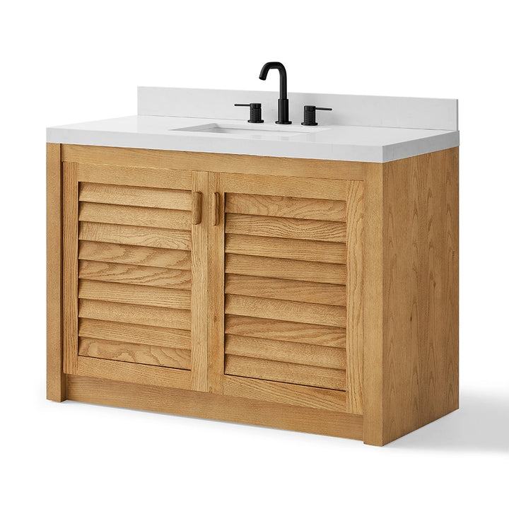 Natural oak 48 inch bathroom freestanding vanity angled view