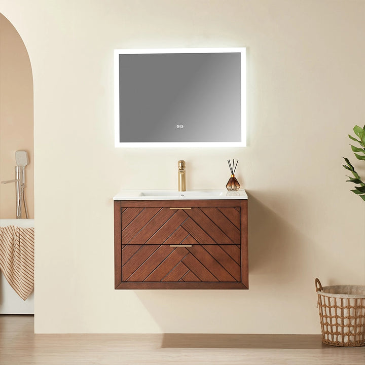 Natural wood floating single bathroom vanity wall mounted scene