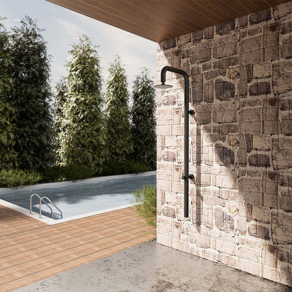Outdoor Black Stainless Steel Shower with Stand and Adjustable Head by Poolside