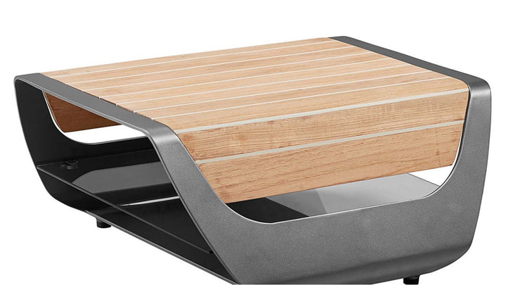 Modern outdoor lounger side table with wood top, stylish and durable patio furniture