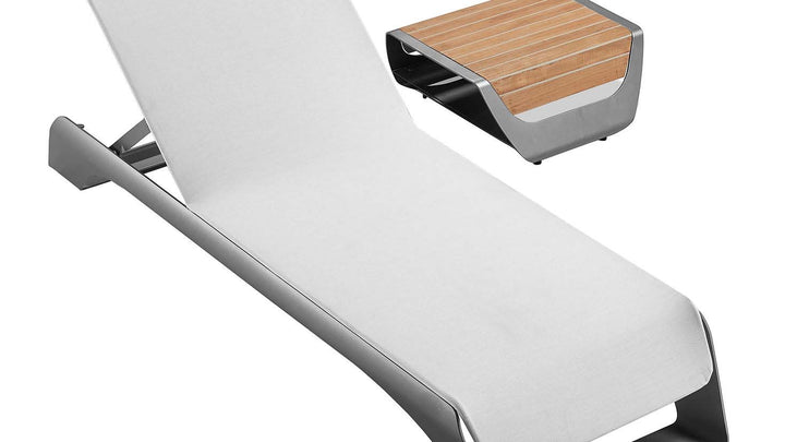 Outdoor lounger with teak side table, modern poolside recliner for relaxing in style