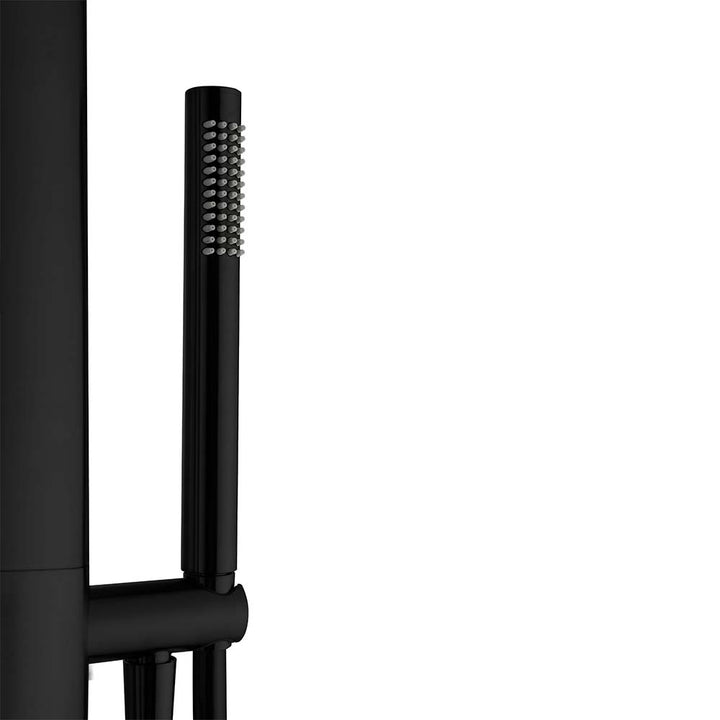 Close-up of black handheld spray on outdoor shower