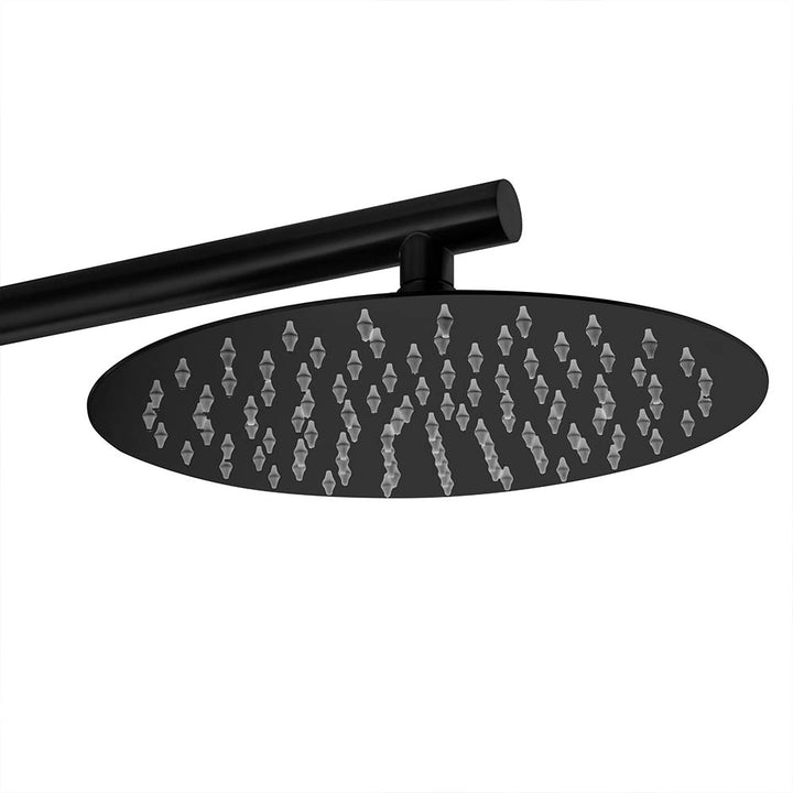 Close-up of black outdoor shower with rainfall showerhead