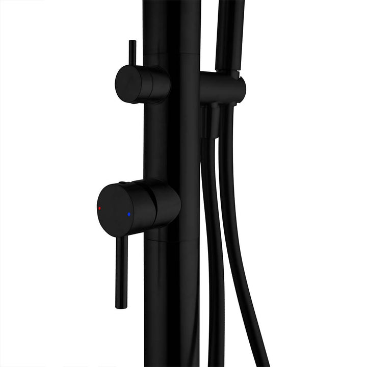 Close-up of black temperature control valve on outdoor shower