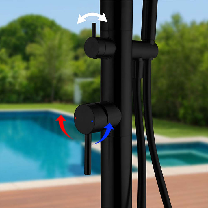 Close-up of black outdoor shower temperature and water flow controls
