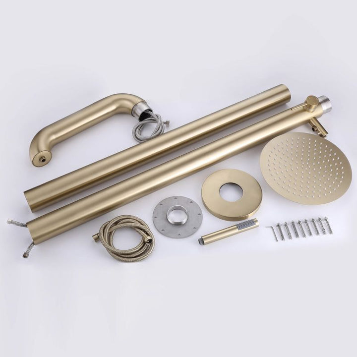 Full set of outdoor shower components including pipes, head, hose, and screws