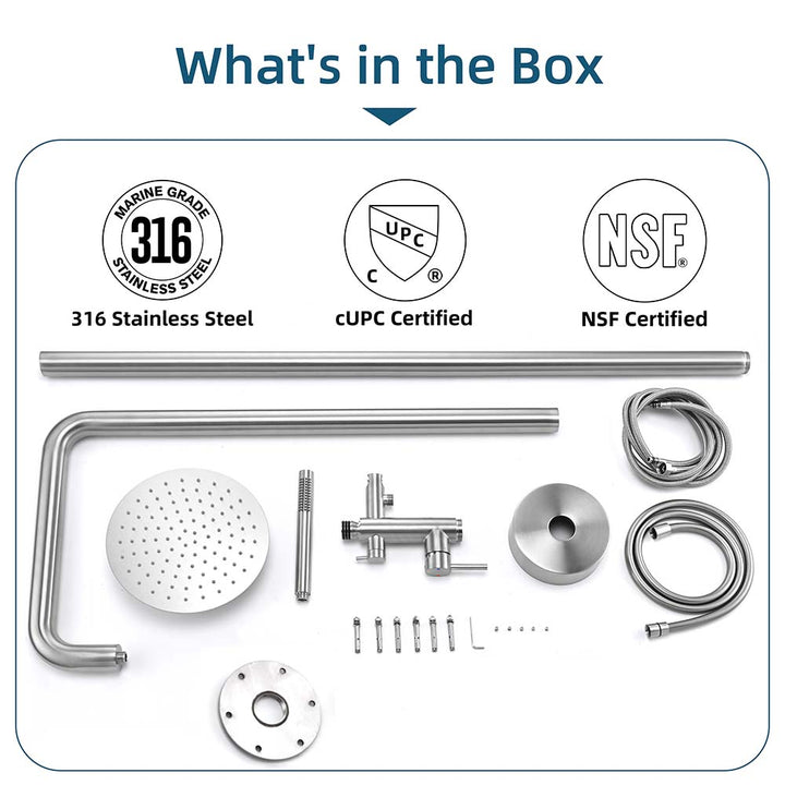 Outdoor shower components in box with 316 stainless steel parts and certifications