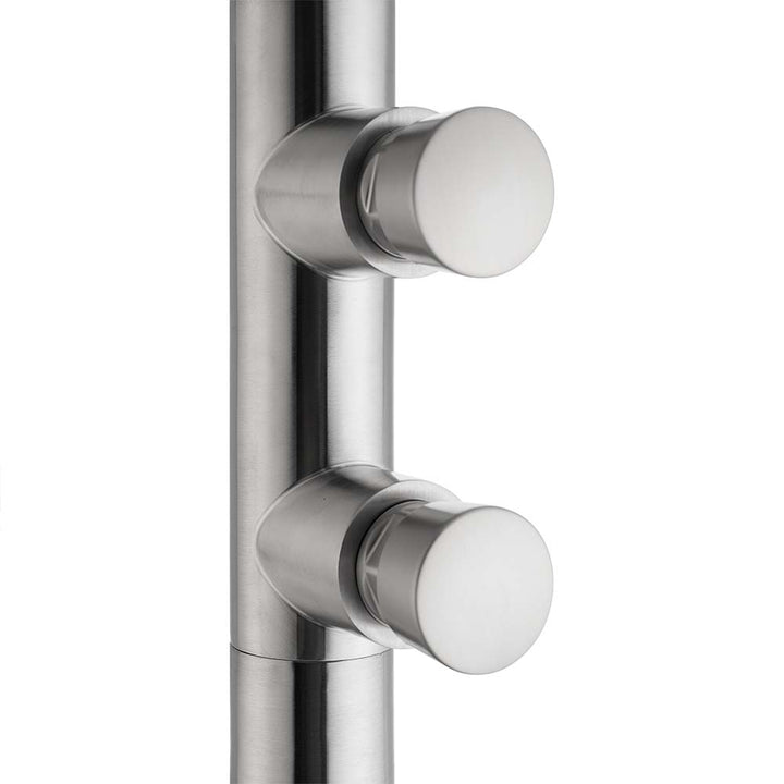 Closeup of Control Knobs on Stainless Steel Outdoor Shower with Polished Finish
