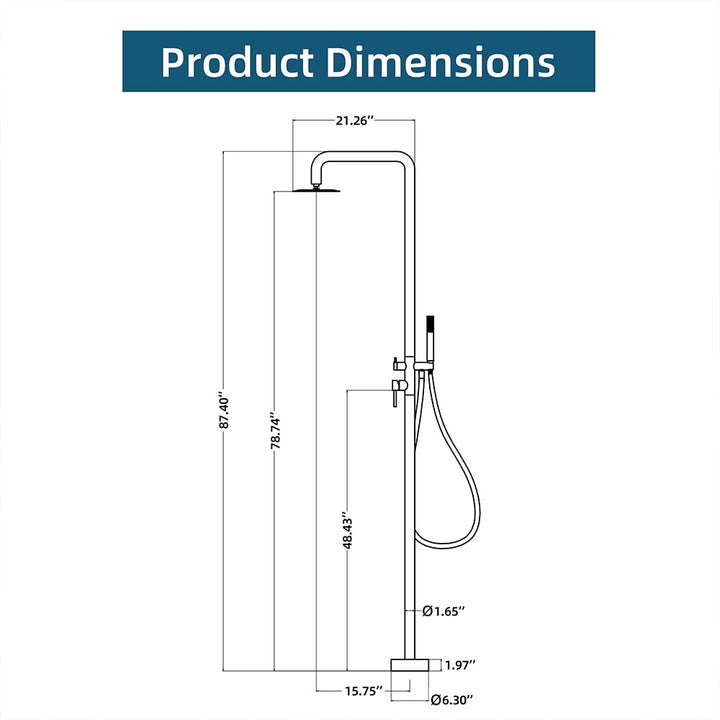Outdoor shower product dimensions diagram with overhead and handheld spray